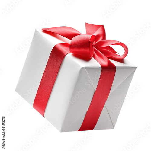 White gift box with red bow 