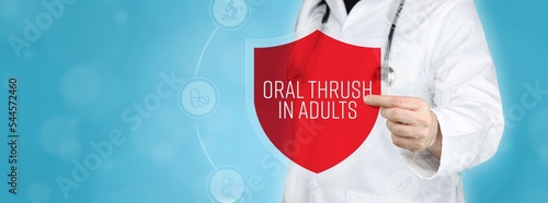 Oral thrush in adults (oral candidosis). Doctor holding red shield protection symbol surrounded by icons in a circle. Medical word