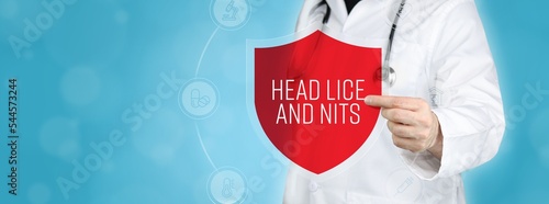 Head lice and nits. Doctor holding red shield protection symbol surrounded by icons in a circle. Medical word