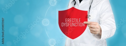 Erectile dysfunction (impotence). Doctor holding red shield protection symbol surrounded by icons in a circle. Medical word