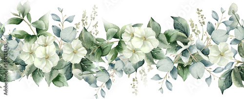 Eucalyptus leaves seamless border. Watercolor floral illustration. Greenery and jasmine flower for wedding invitation, greeting cards, decoration, stationery design. Isolated on transparent background