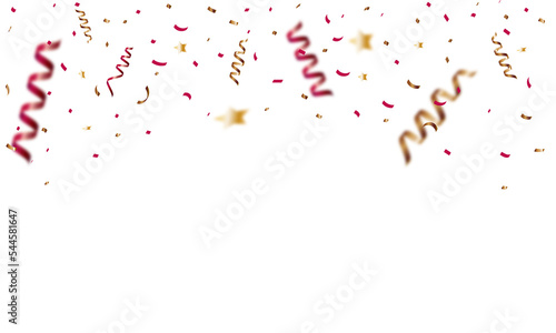 congratulatory background with gold red confetti and serpentine. 