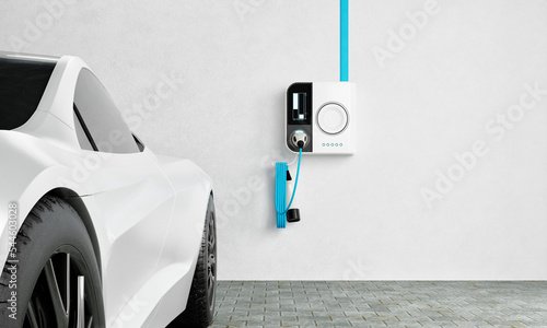 High-speed charging station for electric vehicles at home garage with blue energy battery charger. Fuel power and transportation industry concept. 3D illustration rendering