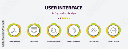user interface infographic template with icons and 6 step or option. user interface icons such as expand arrows, drop down, exchange personel, curve left arrow, cloud upload, go back button vector.
