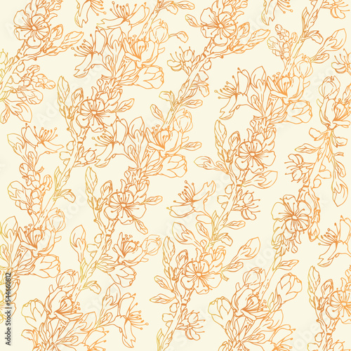 Seamless cherry branch pattern. Floral golden endless background for textile, wallpaper, fabric, wrapping. Bright yellow floral backdrop.