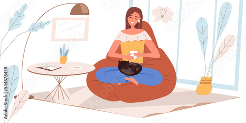 Dreaming people concept in flat design. Happy woman are sitting, dreaming, drinking coffee at home. Young girl sits at cozy room, imagines and comes up with ideas, people scene.