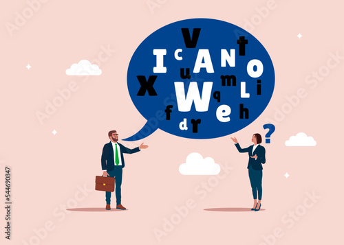 Businessman talk with jargon word in speech bubble dialog make partner confused. Complicated conversation, difficult to explain. Flat vector illustration.