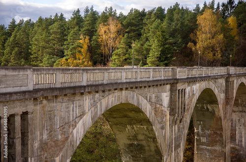 Stary betonowy most na wysokich filarach z lasem na horyzoncie na tle pięknego nieba. 