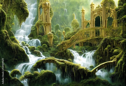 Elven castle near waterfall in the forest, magical fairy world 