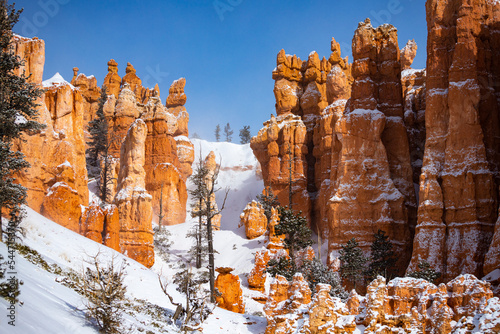 cold winter in bryce canyon national park, close-up on unique rock formations in utah covered in snow, orange rocks in snow, cold winter in the usa