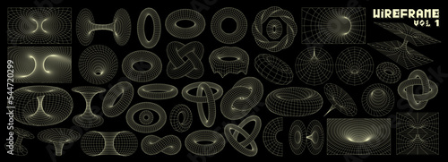 Wireframe 3D shapes. Tunnel grid, abstract torus surface mesh and geometric vortex vector set