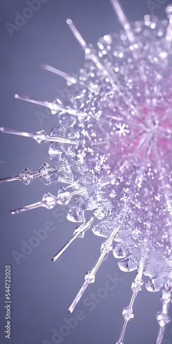 A delicate snowflake crystal is magnified many times over, revealing its intricate and beautiful hexagonal structure. Every edge of the six-sided figure is lined with tiny spikes. The entire surface o