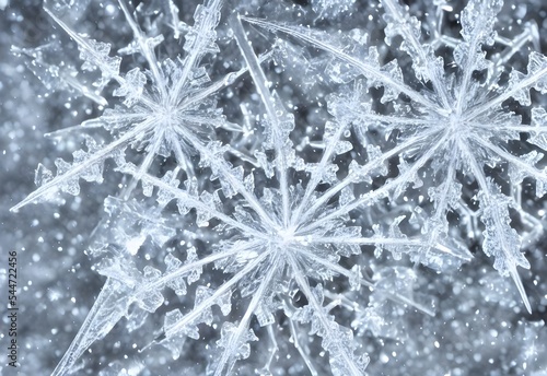 A delicate snowflake crystal floats in the air, spinning gently. Its six shining sides reflect the light, each one a tiny mirror. The ice is so clear that it's almost invisible; only its glittering ed