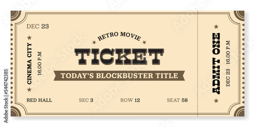 Event ticket template in retro style. For cinemas, parties, clubs, concerts and other events. Vector, printable. Just add your text.