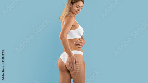 Beautiful woman in underwear with mesh lines on her buttocks, creative collage
