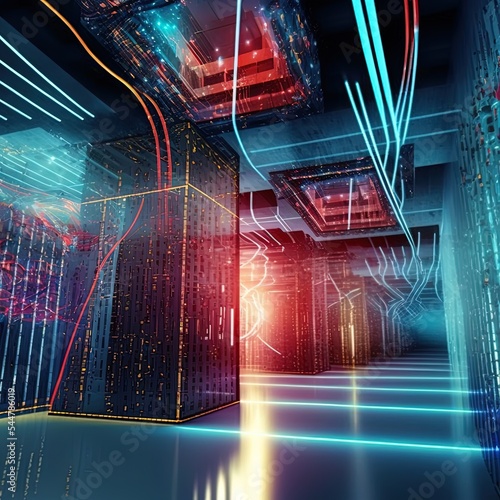 Digital interior building Hi tech Abstract data center server tonel. Business technology blurred Polygonal geometric digital cyberpunk space, color light. 3D render