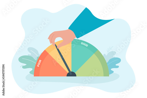 Hand turning pointer on credit score indicator or gauge. Color levels from poor to good on rating credit meter flat vector illustration. Financial level, finance, measurement concept