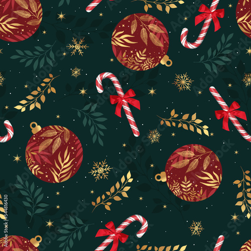 Christmas seamless pattern with candy canes, snowflakes, red christmas balls on green background. Background for wrapping paper, fabric print, greeting cards. Winter Holiday design.