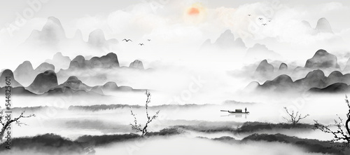 Hand-painted Chinese landscape painting background illustration