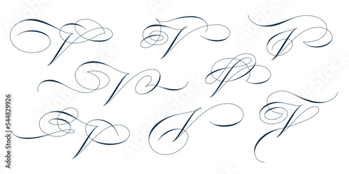 Set of beautiful calligraphic flourishes on capital letter V isolated on white background for decorating text and calligraphy on postcards or greetings cards. Vector illustration.