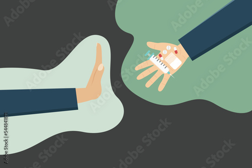 Refusing drugs vector concept: Hand of young man rejects cocaine when his friend offering drugs