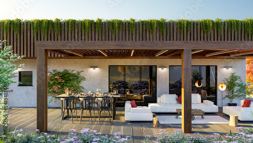 3d illustration front view of wooden pergola on private terrace