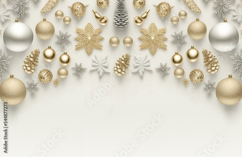 Christmas holiday background. Christmas and New Year holiday horizontal frame, banner. fir branches, silver baubles, snowflakes, pine cones . For celebration banners, poster with copy space 