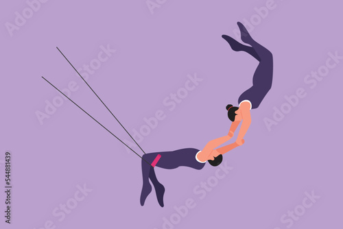 Cartoon flat style drawing two acrobatic players in action on trapeze with male player hanging from his two legs while catching female player. Circus entertainment. Graphic design vector illustration