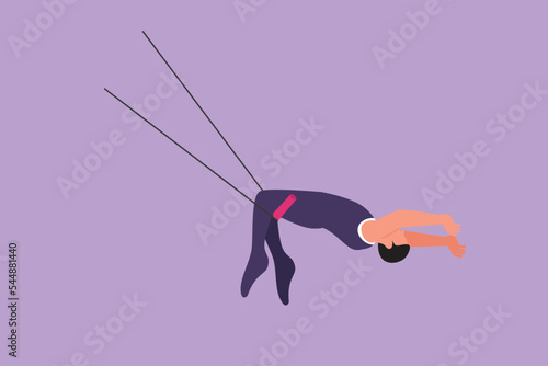 Character flat drawing young male acrobat performs on trapeze with legs hanging and head down while swinging hands. Brave and agile. Circus show event entertainment. Cartoon design vector illustration