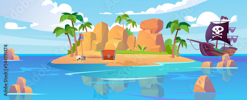 A tropical island with a secret gold hideout and a pirate ship with a black flag in the ocean. A hidden treasure chest with golden coins near a hole and a skull. Cartoon style vector illustration.
