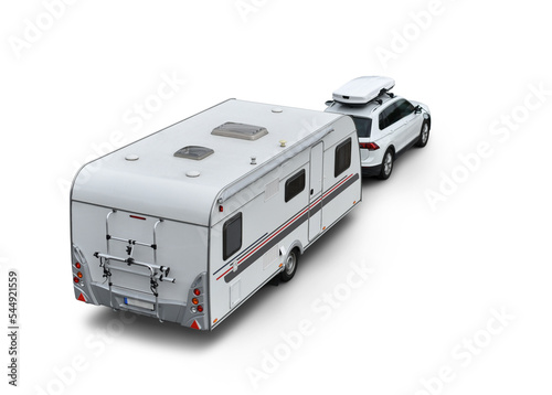 car with caravan trailer on isolated background (spin motion wheels)