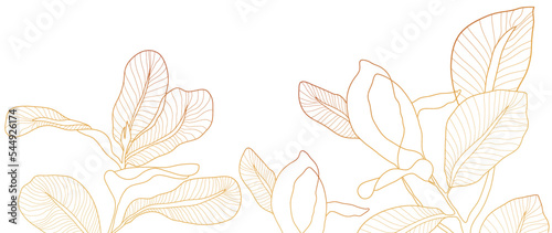 Golden tropical vector background. Luxury watercolor wallpaper with white leaves and golden branch hand drawn isolated on white background. Elegant botanical design for banner, invitation, packaging