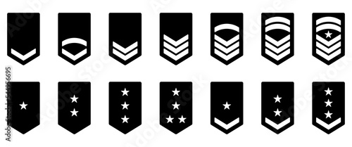 Army Rank Black Silhouette Icon. Military Badge Insignia Symbol. Chevron Star and Stripes Logo. Soldier Sergeant, Major, Officer, General, Lieutenant, Colonel Emblem. Isolated Vector Illustration