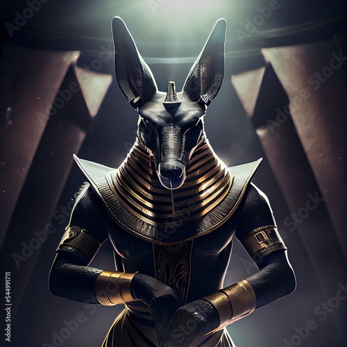 Black and gold Anubis character design, dark Egyptian jackal god of death
