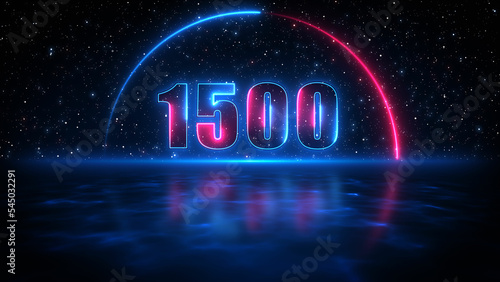 Futuristic Blue Red Shine Number 1500 In Half Circle Lines Neon Sign With Light Reflection On Blue Water Surface Starry Night Sky