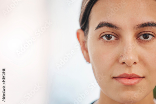 Face, skincare and portrait of Indian woman with natural beauty, healthy skin and wellness. Healthcare, dermatology and head of young Asian female model for skincare products, facial and body care