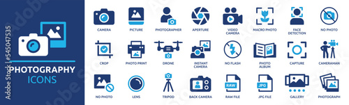 Photography icon set. Containing photo camera, photographer, video camera and photograph symbol vector illustration. Solid icon collection.