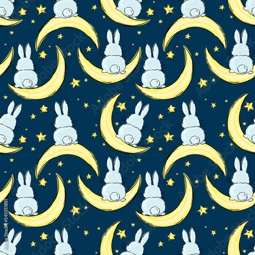 Good Night rabbit seamless pattern with cute sleeping moon, stars and bunny back. Sweet dreams dark background. Vector illustration