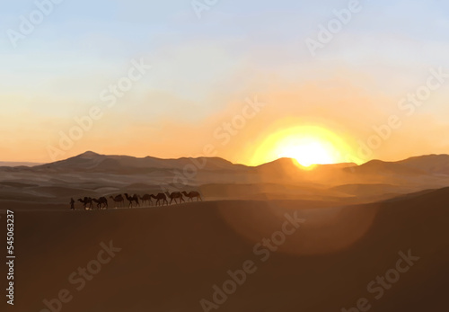 Realistic drawing of camel caravan crossing the Sahara desert at sunrise in Morocco.