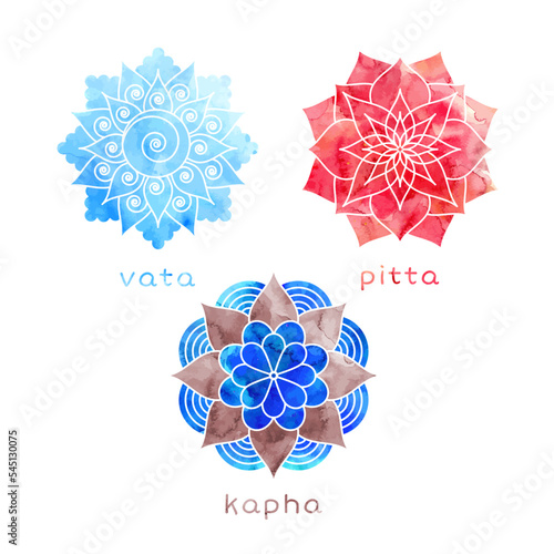 Doshas icons, symbols drawn like mandala with watercolor texture. Vata, pitta, kapha - ayurvedic body types.