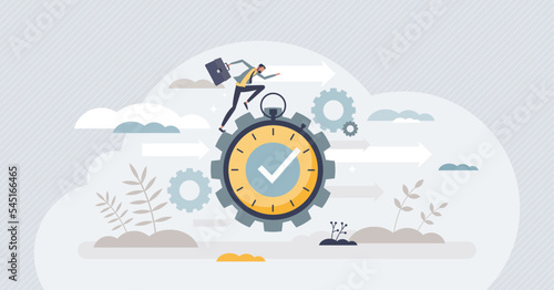 Efficiency with precise and effective time management tiny person concept. Work optimization with productive task deadlines schedule and fast performance vector illustration. Increase job progress.