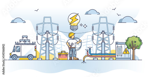 Electrical engineer occupation for electricity maintenance or voltage power line problem solving outline concept. Technician knowledge and education about electrical facilities vector illustration.