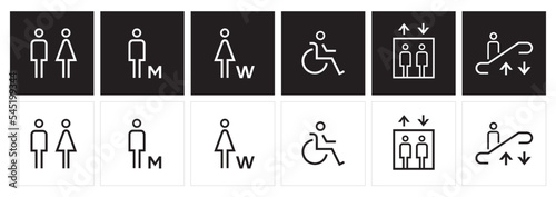 male and female toilet symbols. disabled icon. gender icon. restroom pictogram. Elevator and Escalator public signage. WC signage