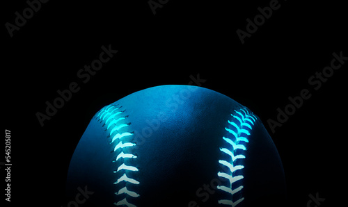 3D rendering of single black baseball ball with bright blue glowing neon lines