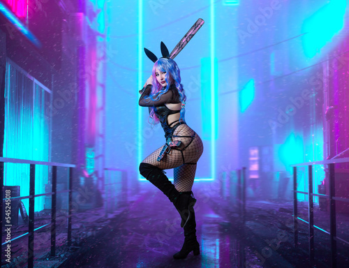 cyberpunk cosplay of a sexy girl in a boudoir outfit with a gun and bunny ears