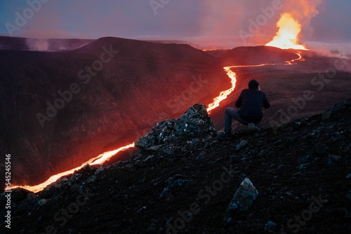 Aerial view of the Fagradalsfjall volcano eruption in Iceland in the evening