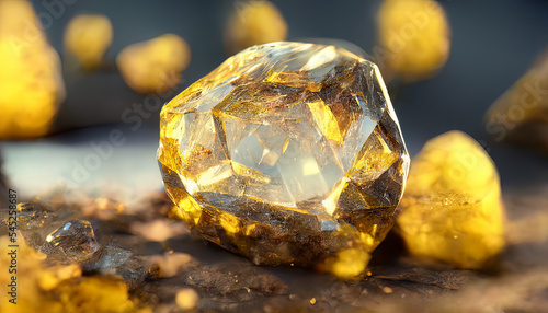 Large topaz gemstone close-up on topaz background with bokeh lights. Yellow topaz crystal. Yellow gemstone. Yellow gems.