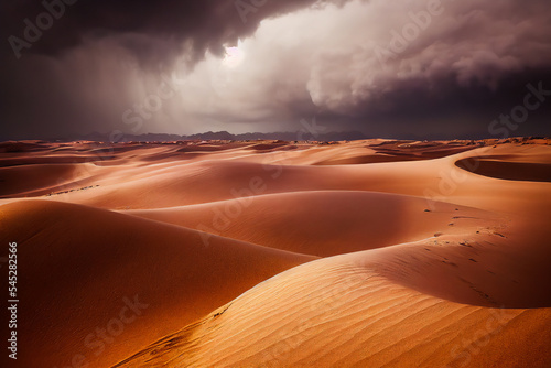Landscape of a thunderstorm and rain on a sandy desert of the Sahara type. The meteorology of the dry zones of Africa is complex. Beautiful black clouds. 3D illustration.