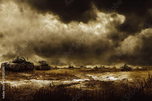 Sad and dramatic view of a battlefield after a clash of enemy tanks. 3d illustration with black smoke and many wrecks of dangerous military devices from the world war.