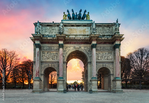 Arc de Triomphe at the Place du Carrousel in Paris. Evening view. Triumphal Arch, Paris, France.